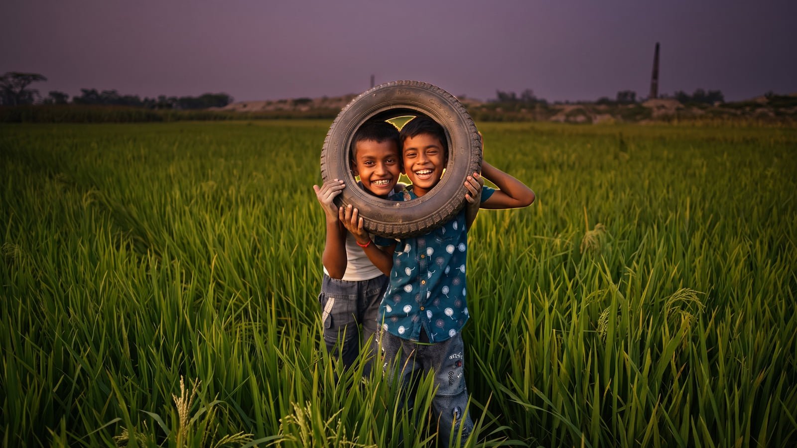 Two boys laughing together in a paddy field at dusk — the documentary photography the Bangali Foundation platform is built around.