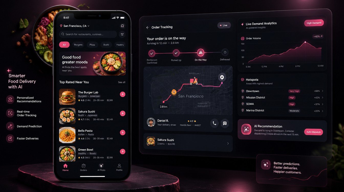 A sleek food delivery app interface showing live order tracking, restaurant listings and an AI-powered dispatch dashboard, set against a warm gradient background.